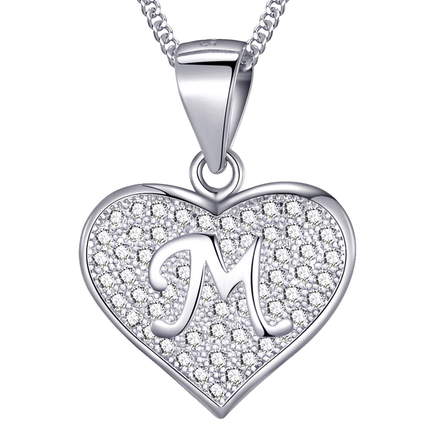 MASADA 925 Sterling Silver Heart Letter Necklace - Initial Pendant with Zircon Stones - Letter M - Personalised Alphabet, Teens & Girls - 46 cm - 18 inch Chain in Velvet Bag