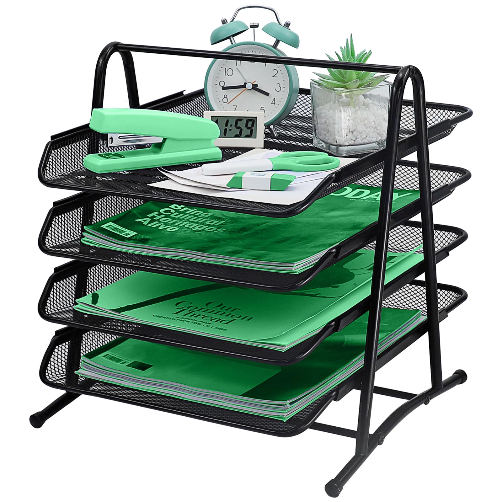 4 Tier Letter Tray Organizer Metal Storage Compartments, Office Drawers, Document tray, A4 Mesh Drawer Organiser for Office Home and School, Black