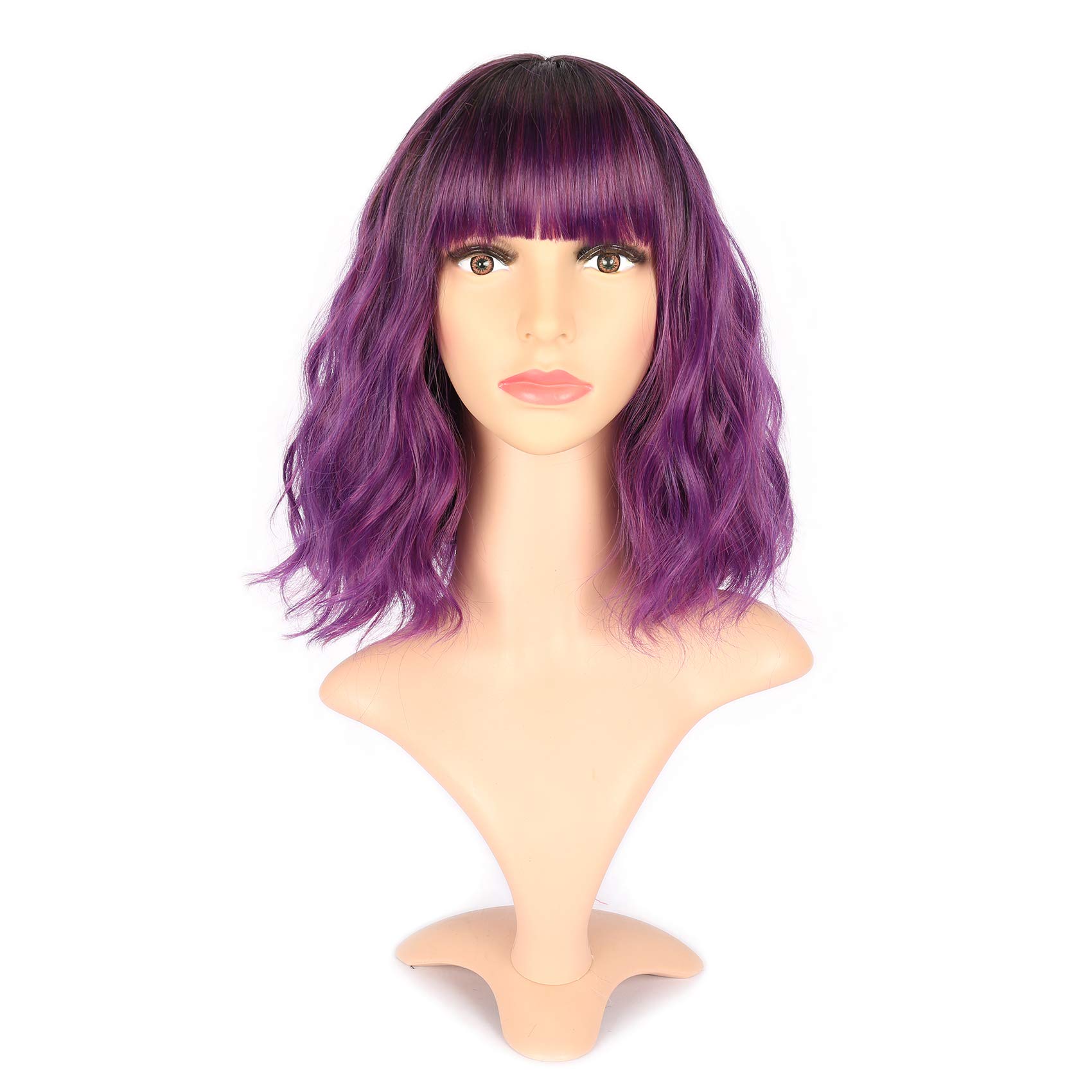 Photo 1 of VCKOVCKO Natural Wavy Bob Wig - Air Bangs, Short Length, Black to Purple, Curly Wavy Synthetic Hair (12")
