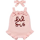 ODASDO Big Little Sis Matching Outfits Knitted Romper Newborn Infant Baby Girls Sweater Embroidery Vest with Headband