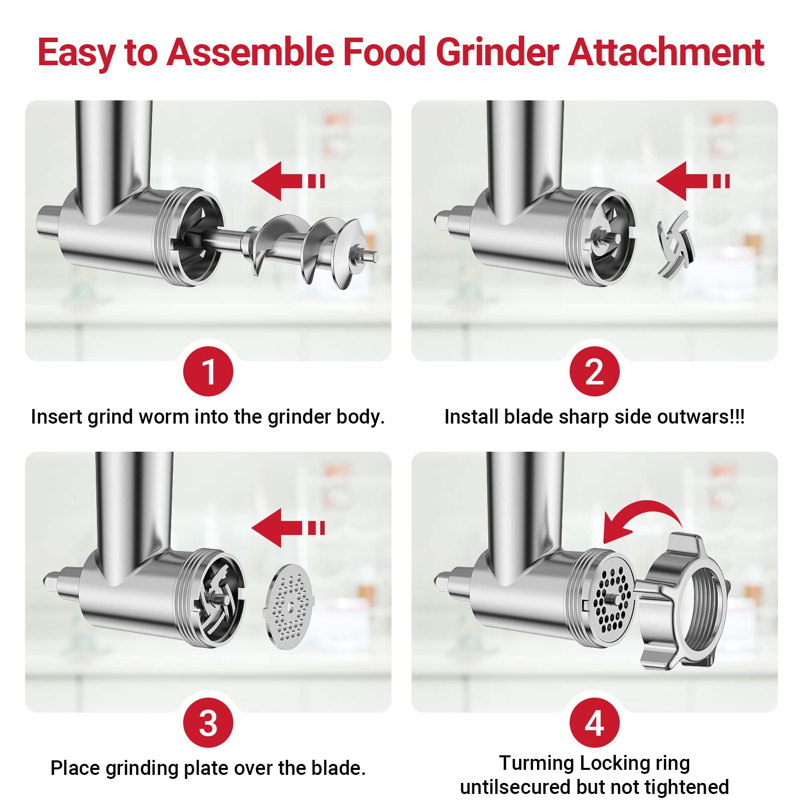Metal Food Grinder Attachment for KitchenAid Stand Mixers, Meat Grinder for Kitchen Aid Included 3 Sausage Stuffer Tubes, 4 Grinding Plates, 2 Grinding Blades, Kubbe Meat Processor Accessories