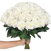 YXZZWL 60 Pcs Artificial Roses in Bulk, Fake Silk Roses Realistic Roses Stem Faux Roses Bouquet for Wedding Centerpieces Flower Arrangement Home Decor (White)