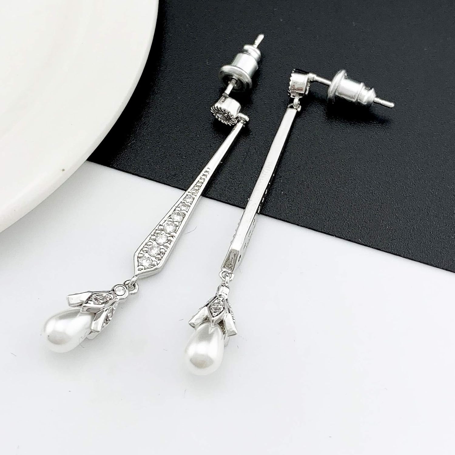 HAISWET Elegant Bride Dangle Drop Earrings Pierced Simulated Pearl Cubic Zirconia Silver Tone, White, 4.8 cm x 0.5 cm - Image 4