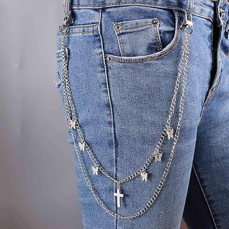 Amazon Co Jp デニムヒップホップパンツチェーンシルバーバタフライズボンチェーン層状パンツチェーンクロスウエストチェーンヒップホップボディチェーン女性と男性 ホーム キッチン