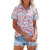 siliteelon Womens Button Down Shirts Short Sleeve Summer Linen V Neck Collared Hawaiian Floral Print Casual Blouse Tops