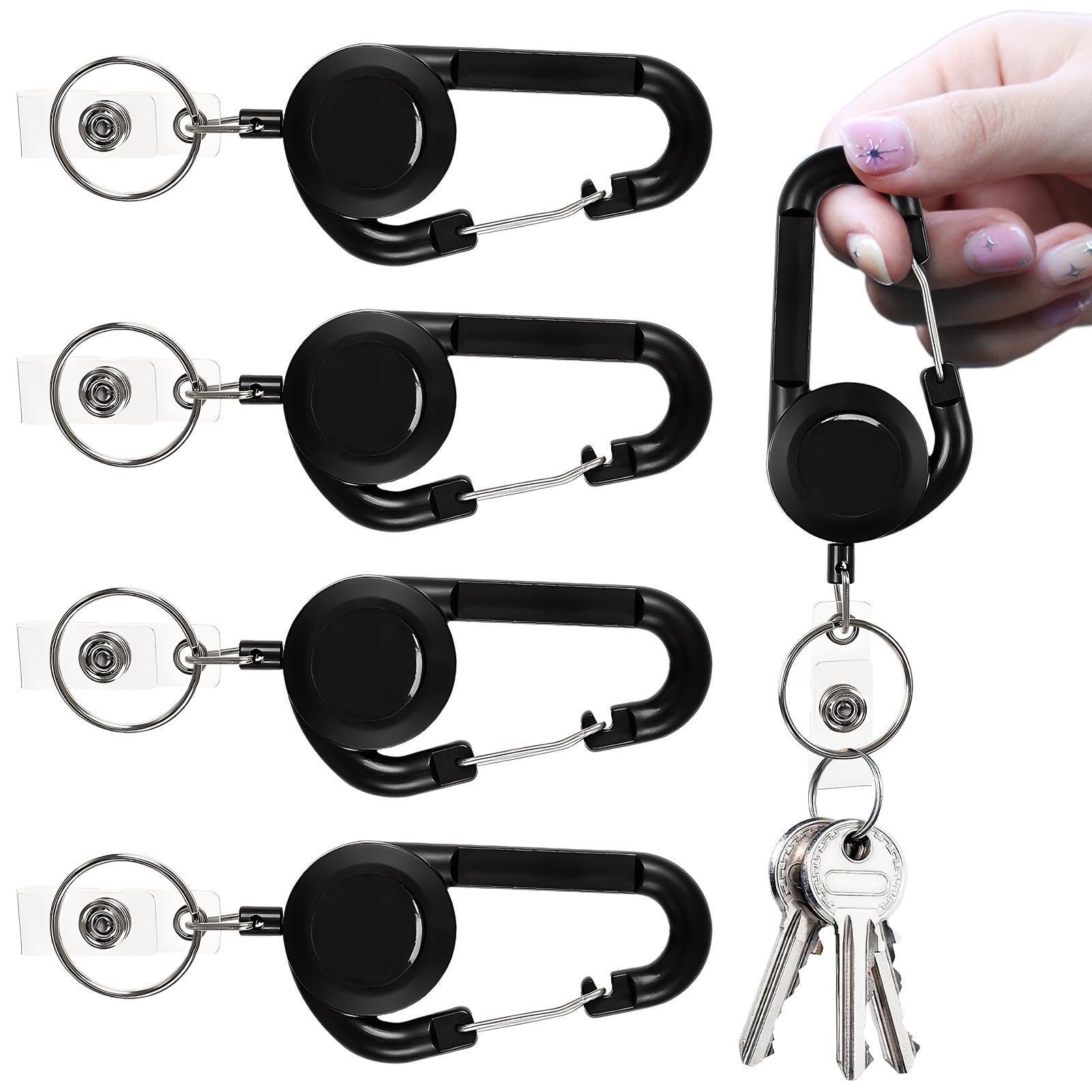 4Pcs Retractable Keyring,Retractable Keyring, Retractable Badge Reel Lightweight with 60cm Cord for Office, Home and Outdoor Activities(Color:Black)