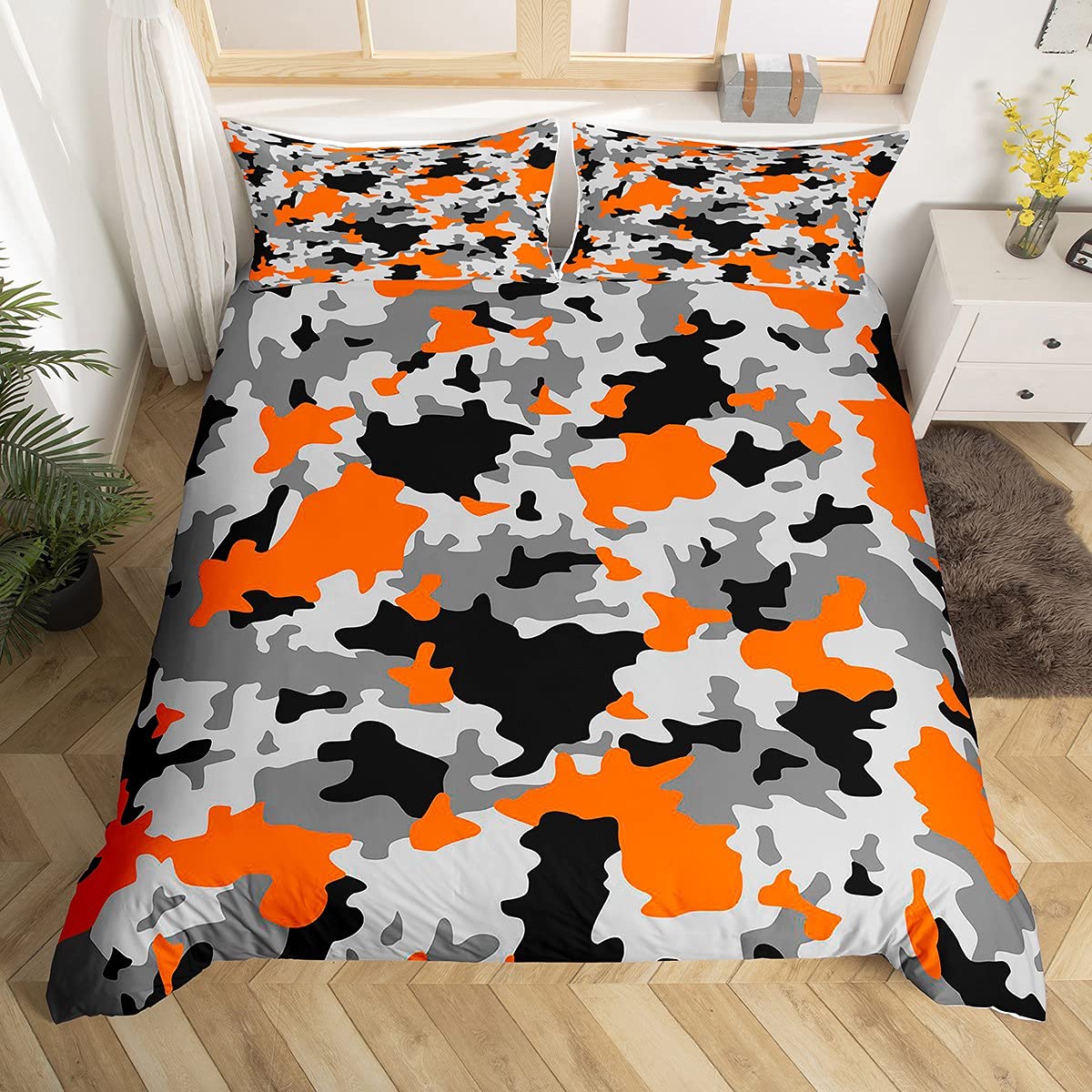 Kids Boys Camo Duvet Cover Army Camouflage Bedding Set Girls Teens Man Colorful Art Comforter Cover Orange Grey Black Bedspread Cover 3Pcs King Size Boys