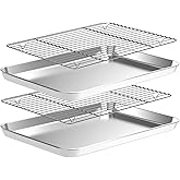 Baking Sheet with Wire Rack Set [2 Quarter Sheet Pans + 2 Wire Racks ], CEKEE Stainless Steel Cookie Sheets for Baking with Baking Rack, Non Toxic & Heavy Duty & Easy Clean, Size 12 x 10 x 1 Inch