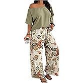 SOLY HUX Women's Plus Size 2 Piece Vacation Outfits Off The Shoulder 3/4 Sleeve Top and Boho Print Pants Set