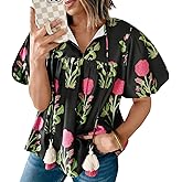 Cicy Bell Womens Boho Floral Blouses Short Puff Sleeve V Neck Babydoll Shirts Flowy Tie Front Tops