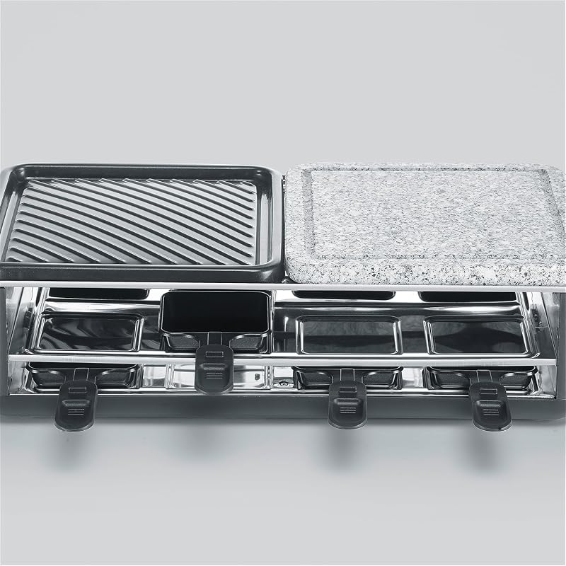 Raclette Grill, 1300W, 8 Padelline Antiaderenti Extra Profonde, Piastra Pietra Naturale e Ceramica, Temperatura Regolabile, 49,0 x 25,0 x 14,0 cm, Nero - RG 2366