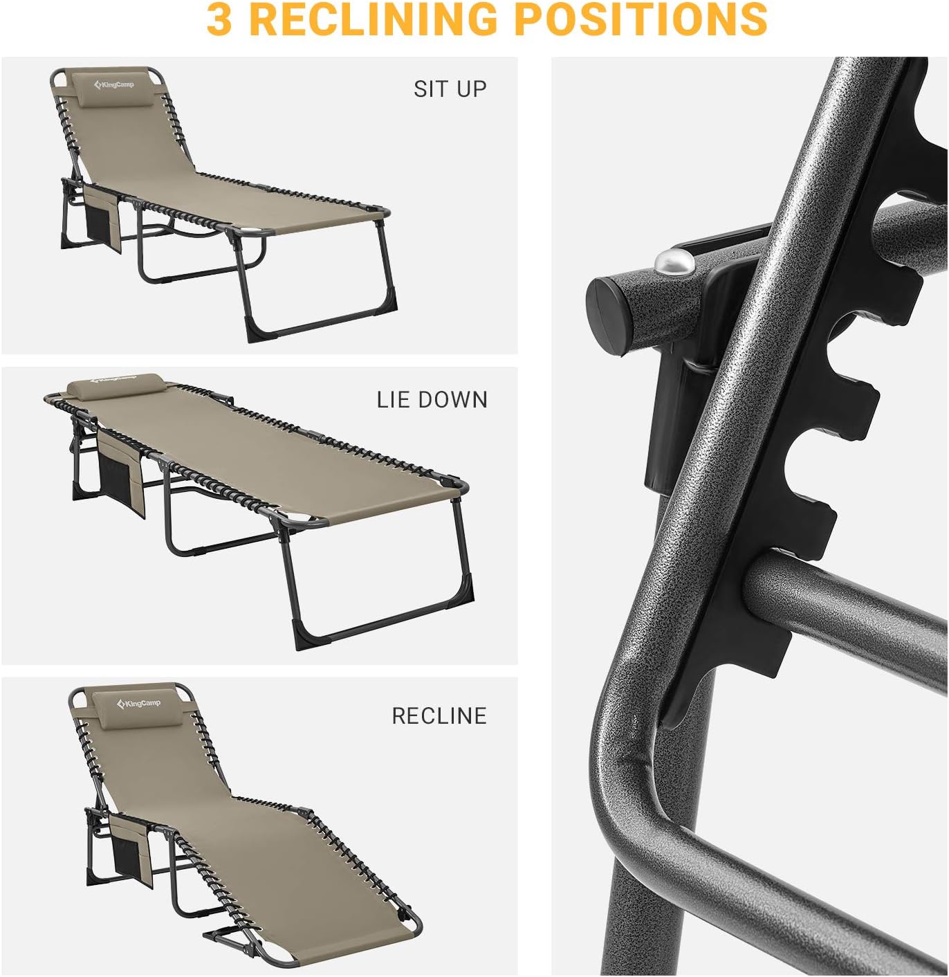 KingCamp Adjustable 4-Position Heavy Duty Folding Chaise Lounge Chair with Pillow Pocket, Portable Great for Outdoor Patio Lawn Beach Pool Sunbathing, Supports 265lbs: Sports & Outdoors