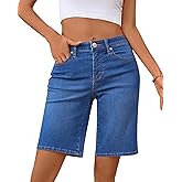 OFLUCK Bermuda Shorts for Women Mid Waisted Trendy Stretchy Denim Shorts Knee Length Cutoff Loose Fit