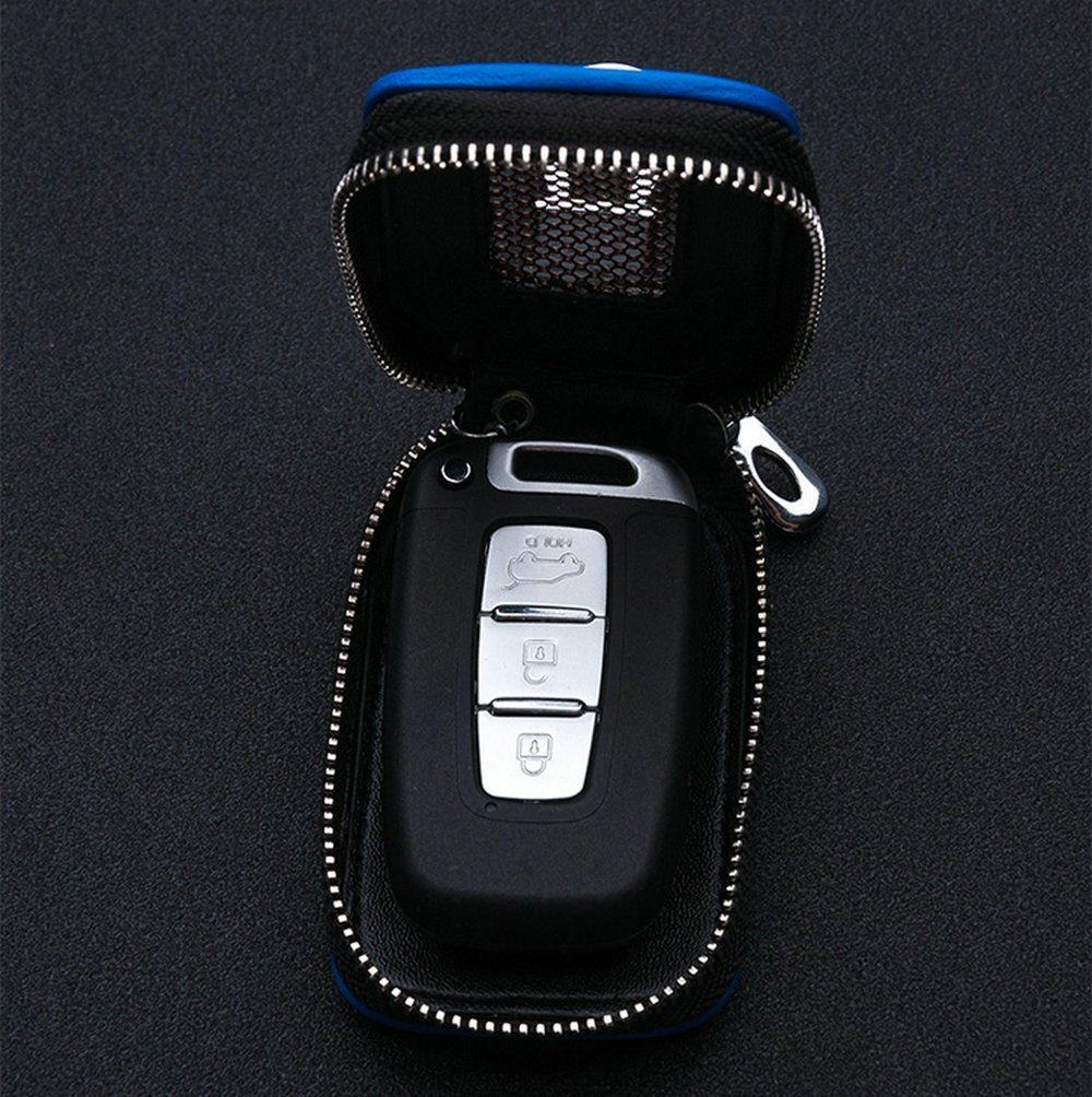 Car Keychain,VSTM Blue Genuine Leather Car Smart Key Chain Coin Holder Metal Hook and Keyring Wallet Zipper Bag for Vehicle Keyless Entry