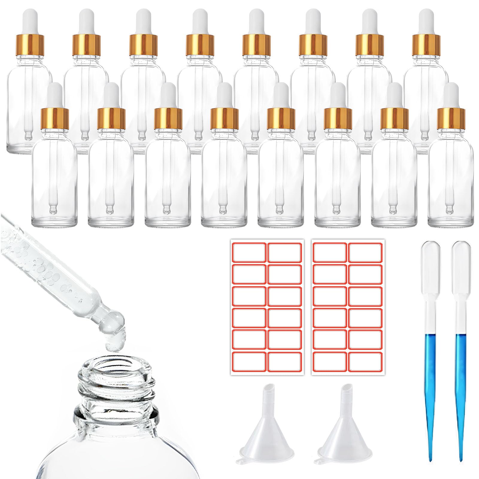 SuQurtom 16Pcs 30ml Glass Dropper Bottles, Clear glass Bottle with Dropper Pipette, Funnels and Labels, Empty Glass Bottles Refillable Sample Container for Essential Oil, Perfumes, Aromatherapy