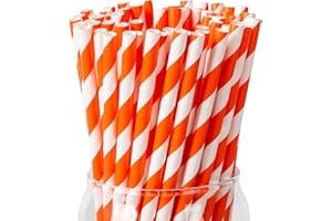PakTalk [100 Pack] Orange Straws, Disposable Orange and White Paper Straws Biodegradable Fall Straws for Aperol Spritz Cocktails, Lemonade, Party (0.24" x 7.75", Orange)