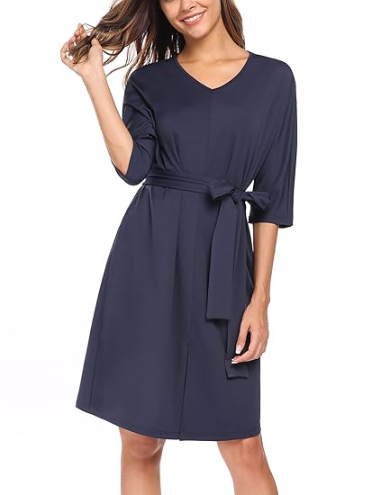 Finejo Damen 3/4 Arm Business Kleid Elegant A-Linie Partykleid mit Gürtel Herbstkleid mit Hohe-Taille Kleid Elegant Skaterkle