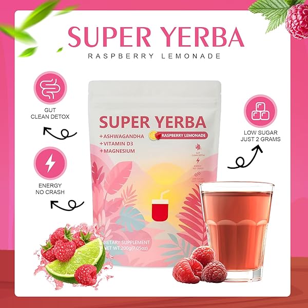 SUPER YERBA,YERBA MATE INSTANT TEA POWDER，RASPBERRY LEMONADE FLAVOR，YERBA MATE SUPPLEMENTS WITH PREBIOTICS AND PROBIOTICS，ENERGY BOOST, PROMOTE MENTAL CLARITY AND GUT HEALTH ， LOW SUGA (200G)