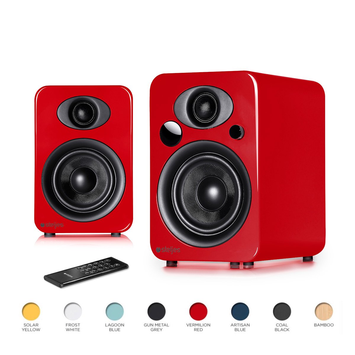 Steljes NS3 Powered Loud Speakers Stereo System Subwoofer British Design Compatible with iPhone through Bluetooth wirelessly (Vermilion Red) ¡­