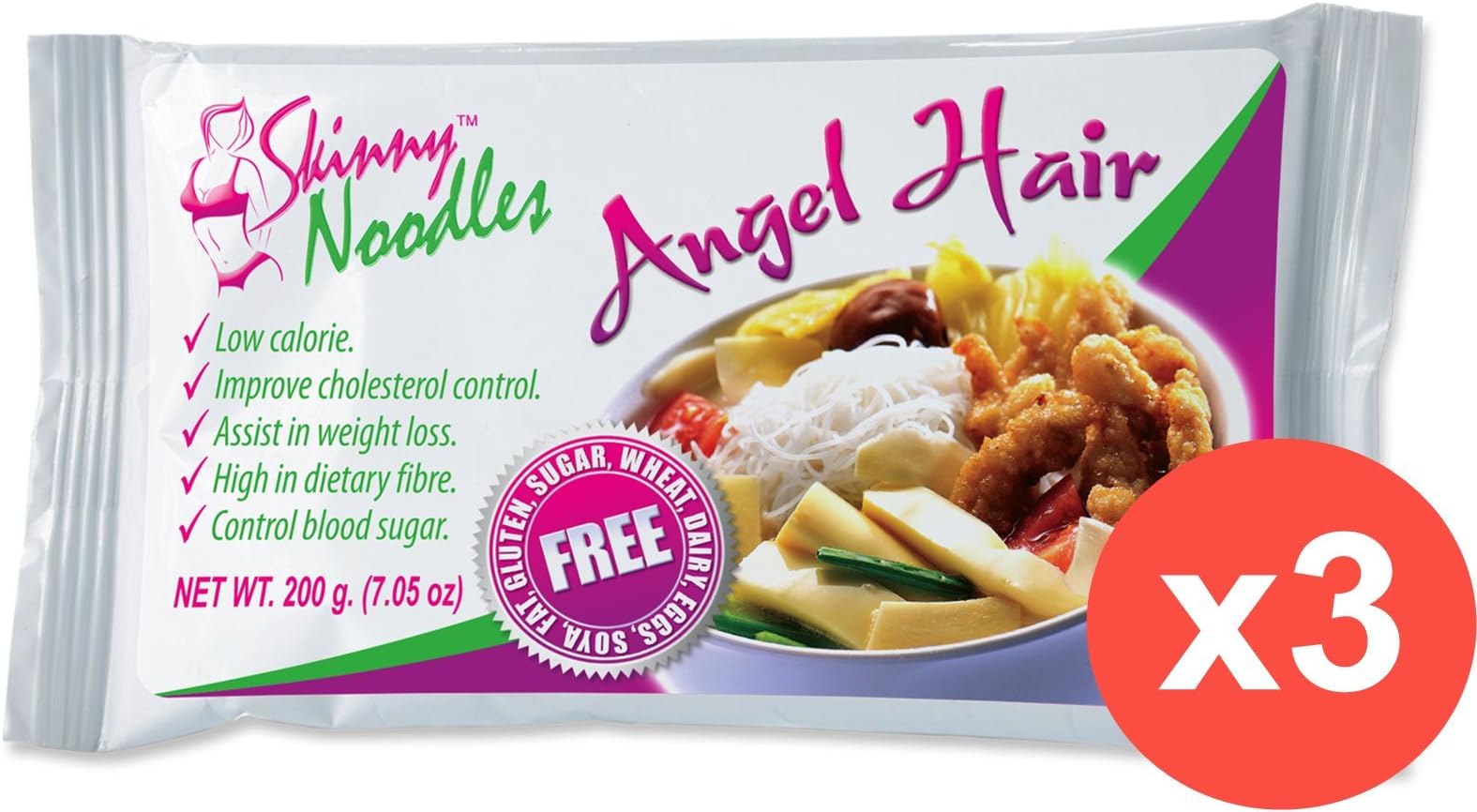 Pack of 3 Skinny Noodles Angel Hair 200g, Shirataki, Konjac, Slim, Low Carb