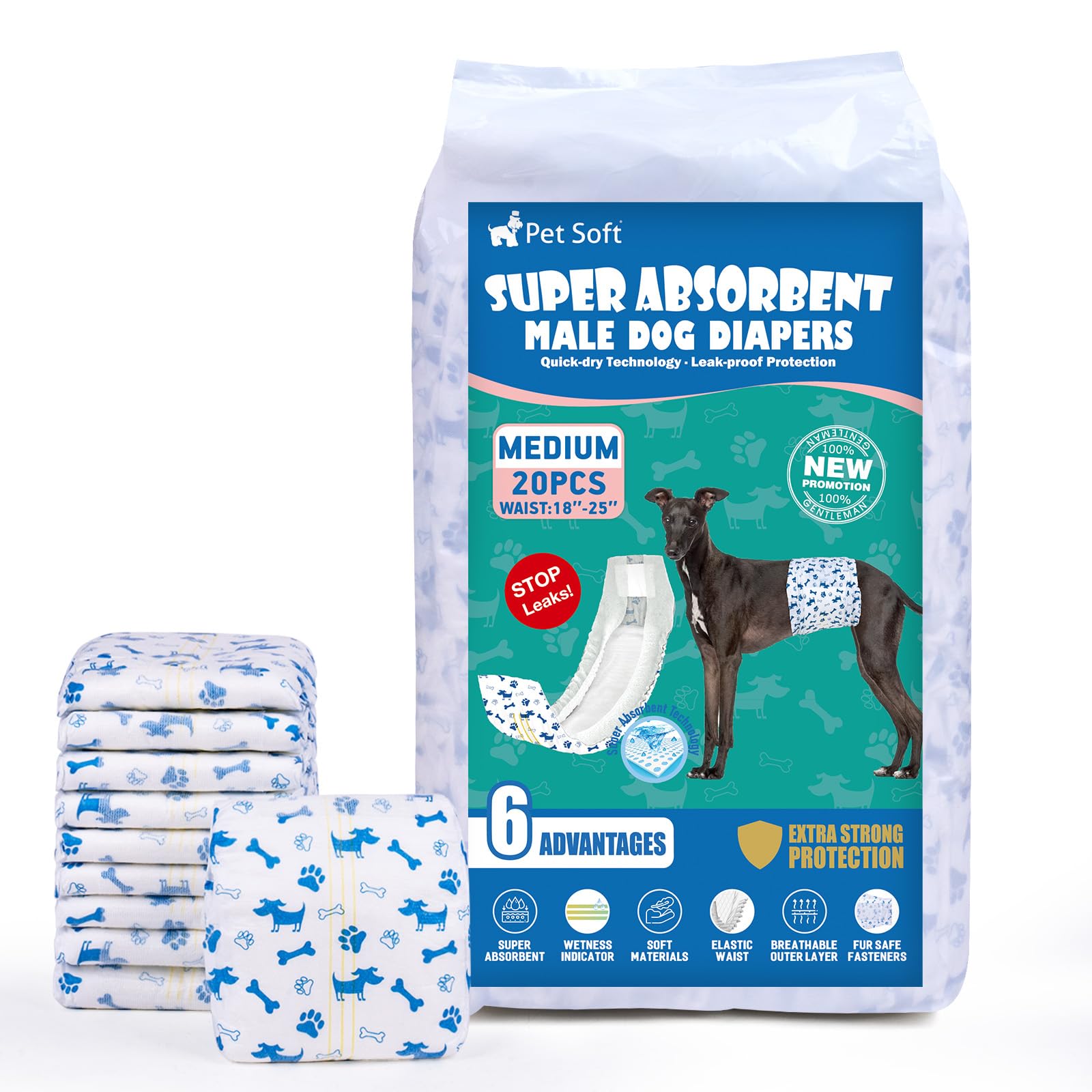 Pet Soft Dog Nappies Male - 20 Counts Disposable Dog Wraps with Wetness Indicator, Super Absorbent Male Dog Diapers for Incontinence (M-20 Count)