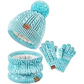 Kids Winter Hat Gloves Scarf Set,Girls Toddler Children Hats Beanie with Pom Knit Neck Warmer Gaiter Mittens Fleece Lined Set