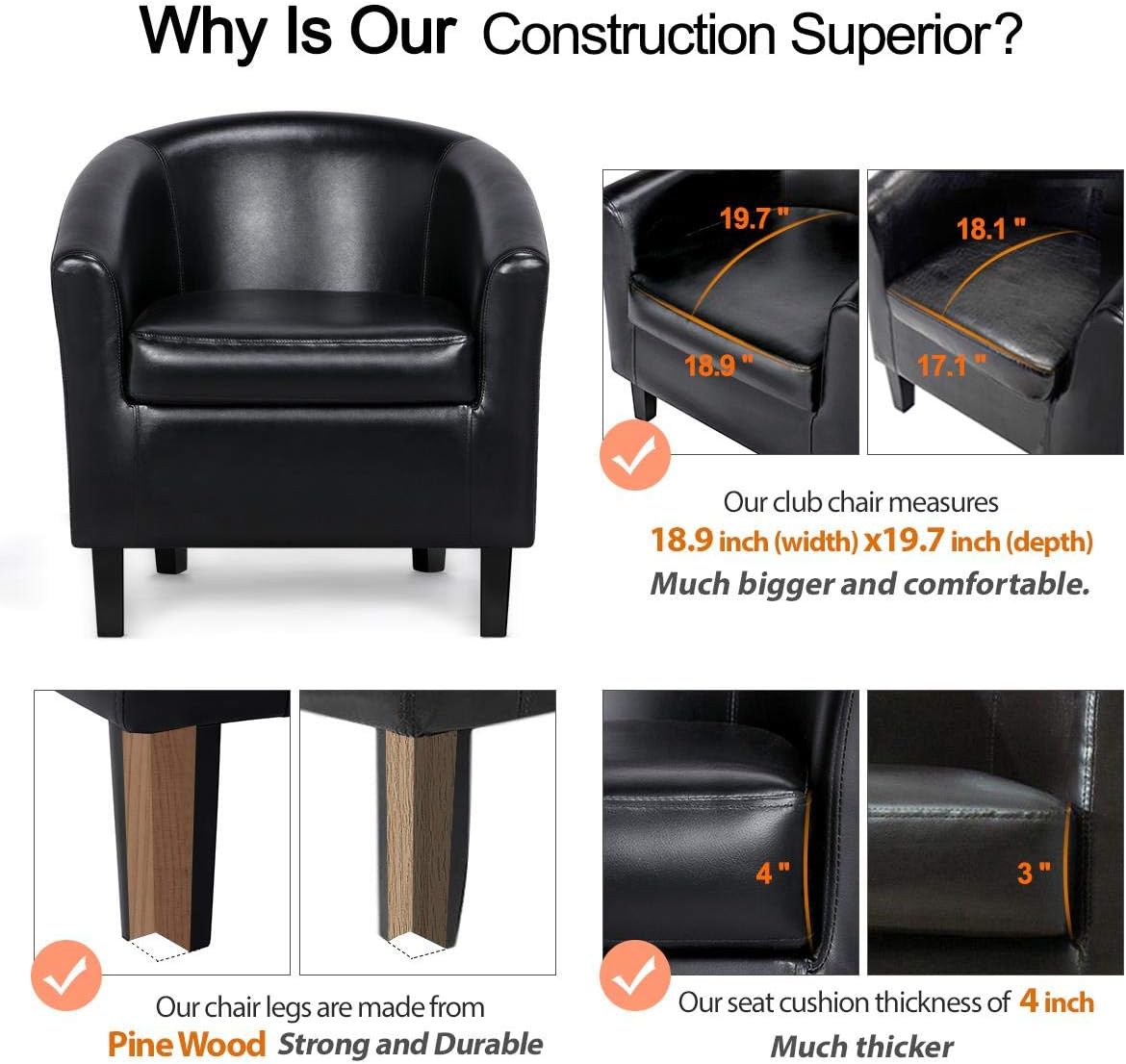 YAHEETECH Barrel Chair Faux Leather Club Chair Accent Arm Chair Modern Style Tub Chair for for Living Room Black: Furniture & Decor