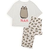 Pusheen Womens Pajama Set | Ladies Cartoon Cat Animal Graphic PJs | White Short Sleeve Long Leg Pajama Merchandise Gift