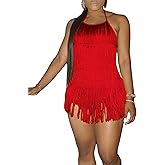 SEMATOMALA Women's Fringe Halter Neck Bodysuit Dress Sexy Backless Tassel Shorts Romper Party Festival Tiered Playsuit