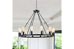 9MMML 12 Lights Black Wagon Wheel Chandelier, Industrial Farmhouse Globe Kitchen Island Pendant Light, Globe Dining Room Lights Fixtures for Foyer Entryway Living Room. E26, Height Adjustable,31.5".