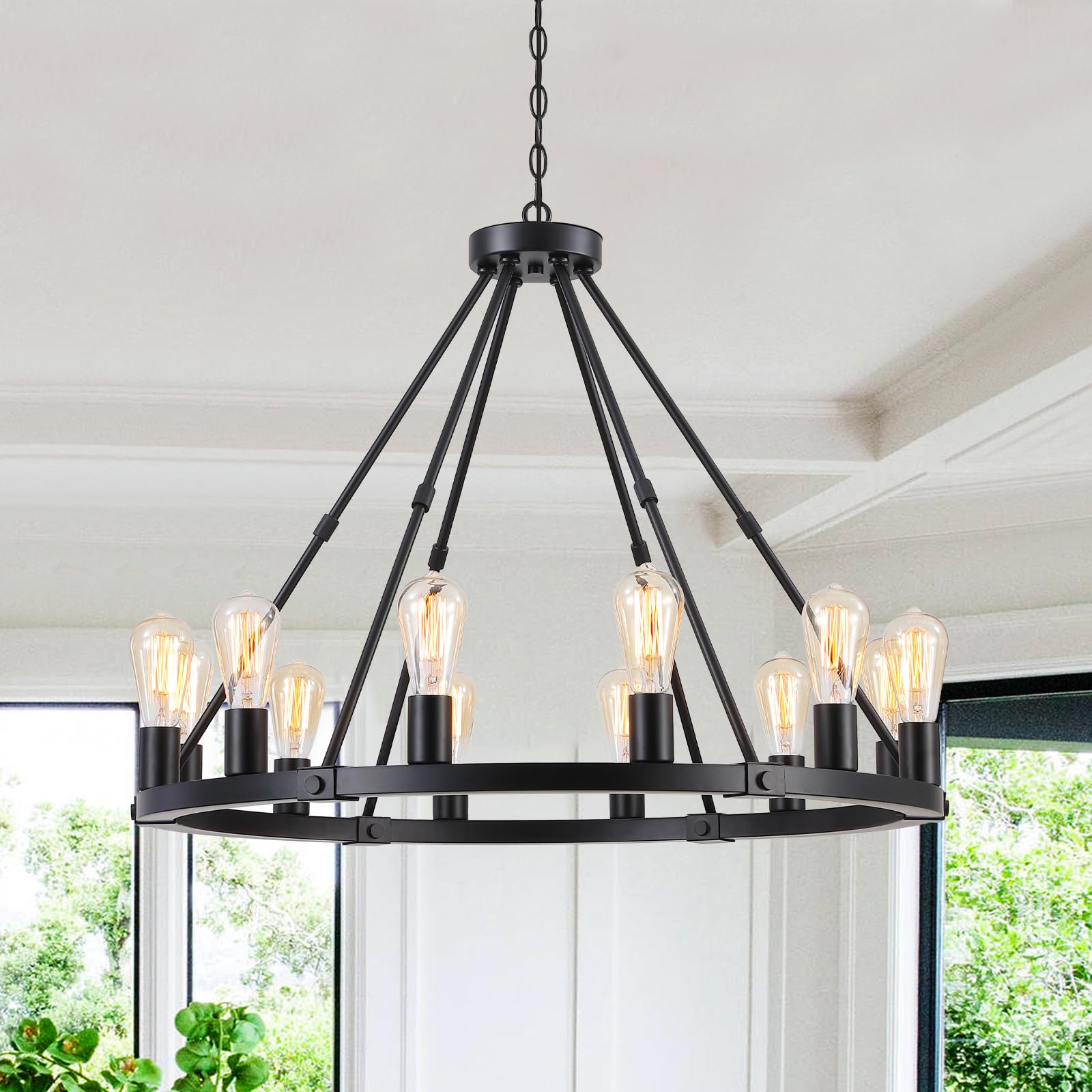 Photo 1 of ****photo stock for reference**** 9MMML 12 Lights Black Wagon Wheel Chandelier, Industrial Farmhouse Globe Kitchen Island Pendant Light, Globe Dining Room Lights Fixtures for Foyer Entryway Living Room. E26, Height Adjustable,31.5".