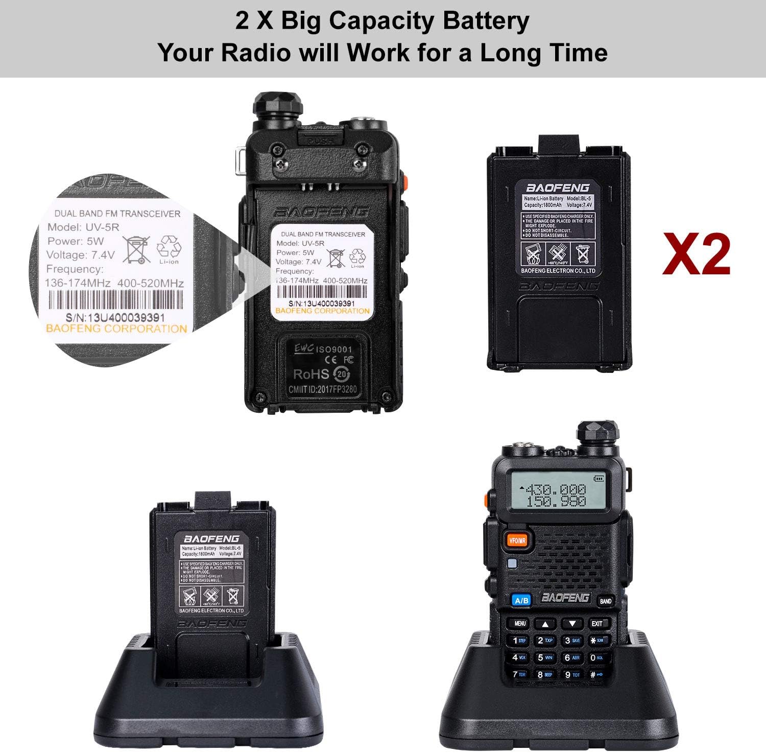 BaoFeng Walkie Talkie UV-5R Dual Band Two Way Radio with one more 1800mAh UV5R Battery one Hand Mic and one TIDRADIO 771 Antenna Baofeng Radio Ham radio