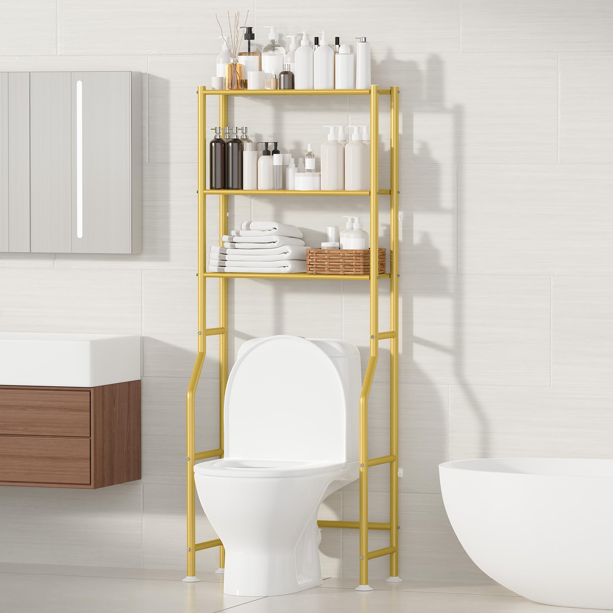 ASCENREST 3-Tier Over The Toilet Storage, Freestanding Metal Bathroom Shelves, Space Saver Above The Over Toilet Storage Shelf for Bathroom (Gold)