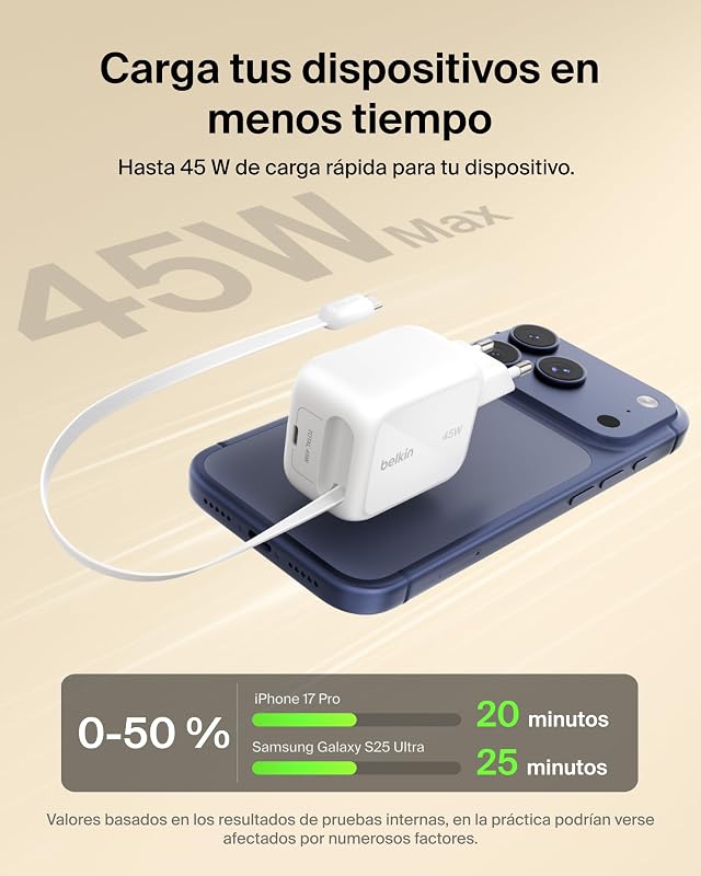 Carregador UltraCharge USB C de 45W com cabo USB C retrátil de 0,8m e porta USB tipo C, carregador tipo C de parede, carregamento rápido para iPhone 17 e 16 Series, Galaxy S26 Series, AirPods e MacBook
