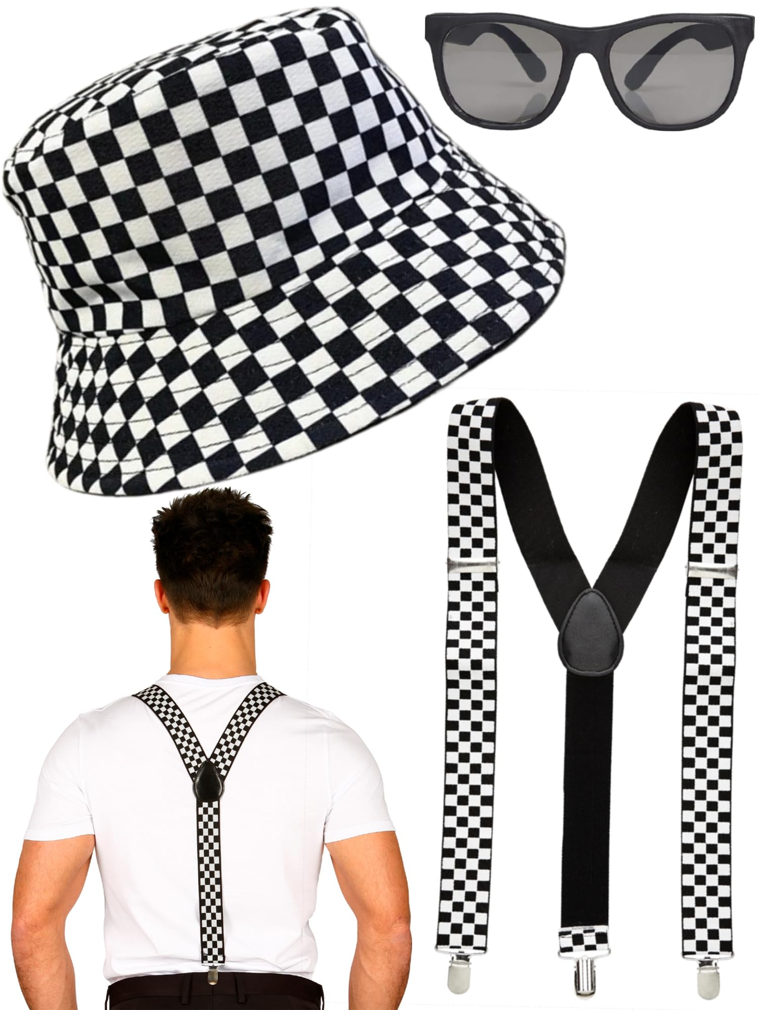 Mega_Jumble Adult Unisex 80's Ska Two Tone Fancy Dress Accessory Instant Kit Retro Ska 1980s Bucket Hat, Chequered Braces & Black Sunglasses for Men Ladies