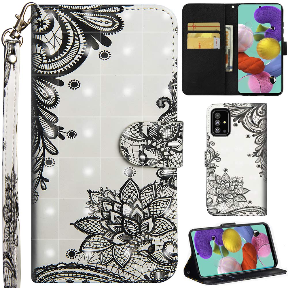 DodoBuy Samsung Galaxy A51 Case 3D Flip Folio Wallet Cover PU Leather with Card Slots Kickstand Feature Magnetic Closure Wrist Strap for Samsung Galaxy A51 - Black Lotus