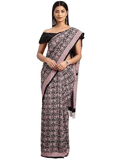 Pure Cotton Black & Maroon Handblock printed Saree and Blouse MRBASA0015