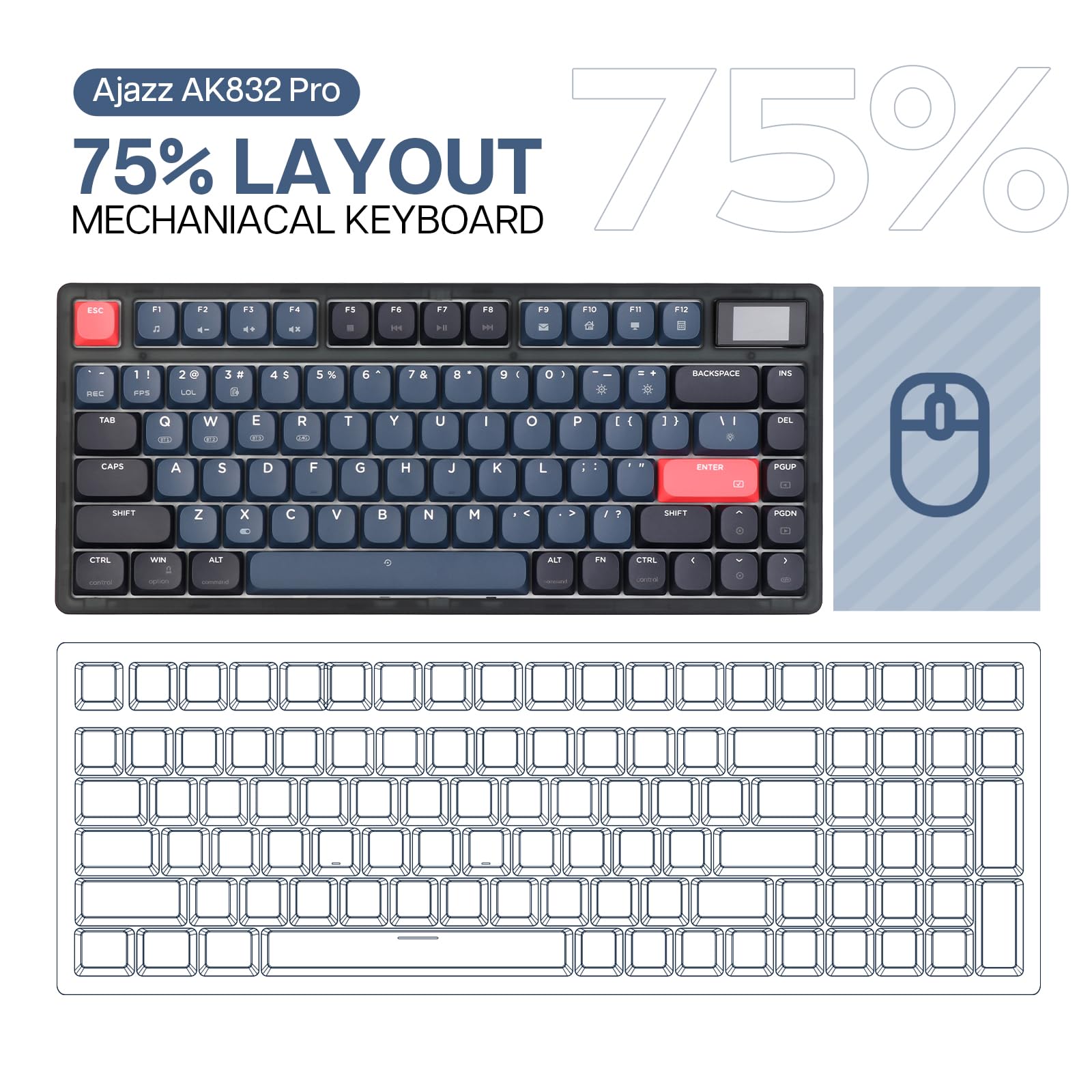 Ajazz AK832 Pro 75% Gasket-Mounted Bluetooth 5.1/2.4G Wireless & Type-C Wired Low-Profile Keyboard, LED Screen, 1.6M RGB with Outemu Switch for Mac/Win (Brown Switch)