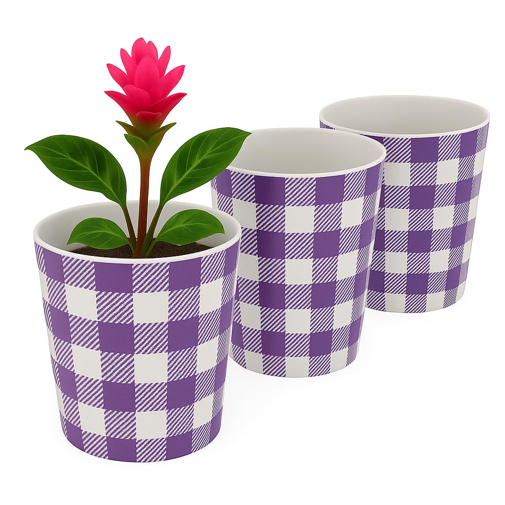 Home Garden Ornaments Indoor Plant Pot – Decorative Flower Pots with Inner Cone, Floral & Tropical Design Orchid Planters for Home Décor (15 cm / 5.9 inch – Violet Check)