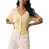 GORGLITTER Women's Short Sleeve Button Up Cardigan V Neck Scallop Trim Knitted Sweater