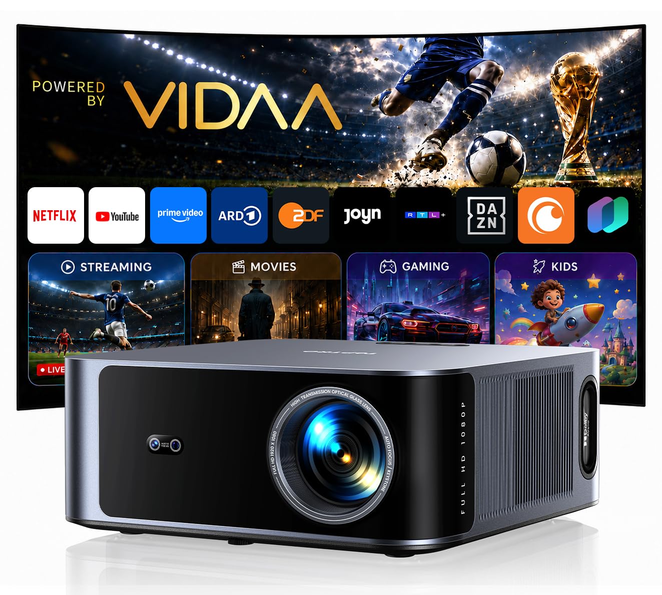 Beamer 4K [Schnellste VIDAA OS] Kompatibel mit Netflix, Dolby Audio & HDR10, 2000ANSI Smart Beamer Heimkino Autofokus Trapezkorrektur, Outdoor Projektor mit App Sprachsteuerung, WLAN/Bluetooth/Handy