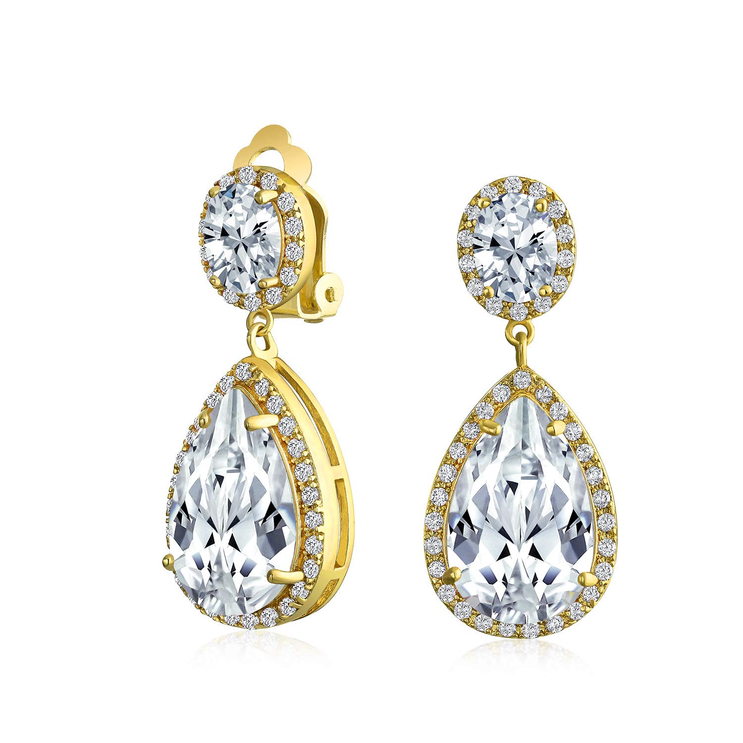 Cubic Zirconia Pave CZ Halo Statement Large Teardrop Dangle Clip On Earrings For Women Prom Gold Plated Brass — image 1