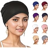 9 Pieces Solid Women Chemo Hat Stretchy Turban Beanie,Pre Tied Chemo Head Scarf Beanie Skull Cover Cap for Women Hair Loss