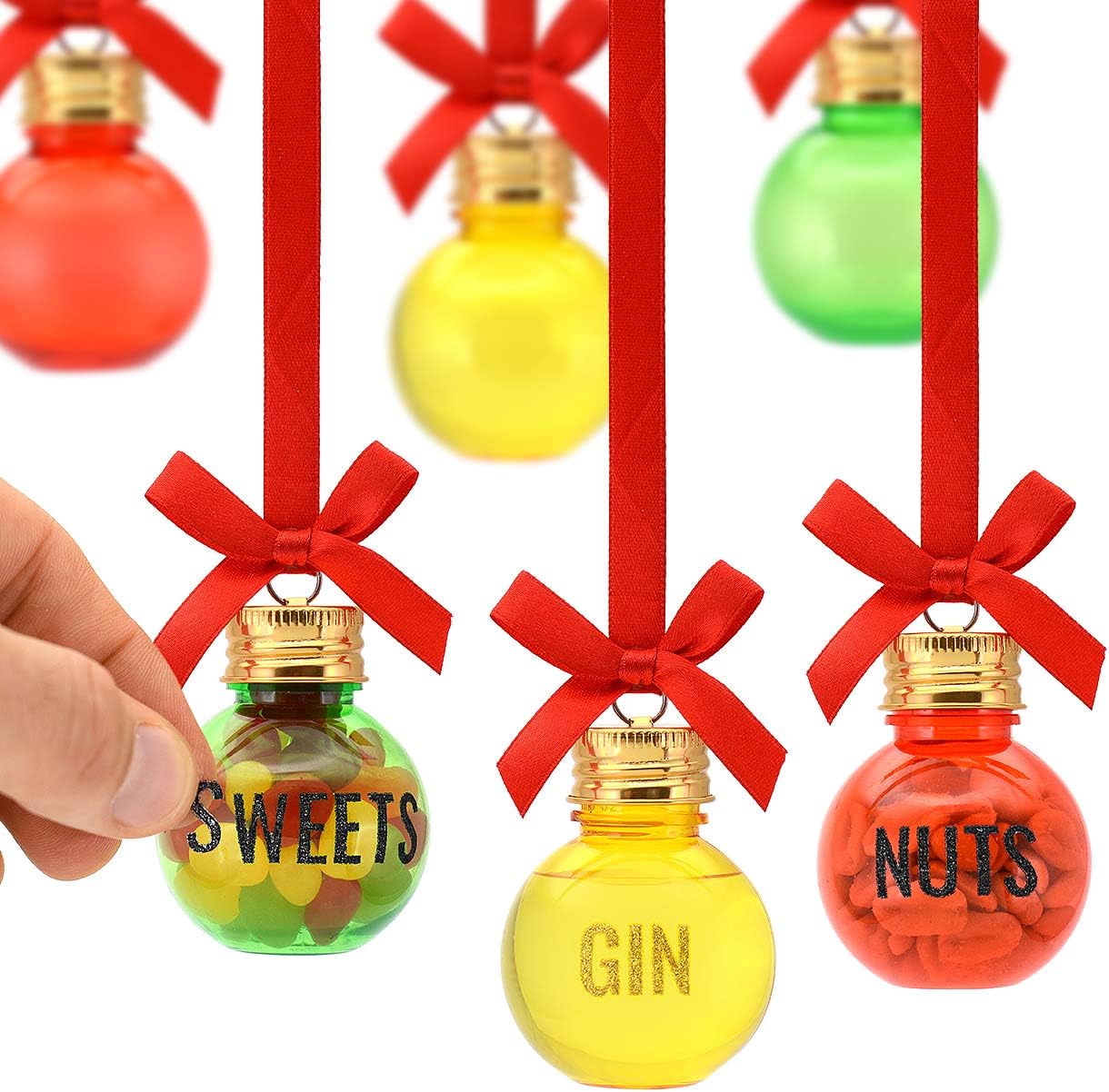 Eat, Drink and be Merry Christmas Xmas Baubles Set of 6 50ml Includes LETTER STICKERS To Personalise Fill Your Own Gift Set To Decorate With Sweets Nuts Booze Gin Vodka Whisky Rum Fillable Decorations