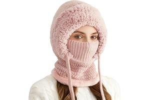 Beanie Hat for Women with Scarf and Face Cover, Windproof Knitted Cap with Neck Warmer, Winter Balaclava for Skiing, Hiking