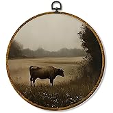 Hiuwevt Vintage Moody Cow Round Wall Art Decor, Dark Academia Cow Framed Canvas Prints, Rustic Cottagecore Farm Animal Round 