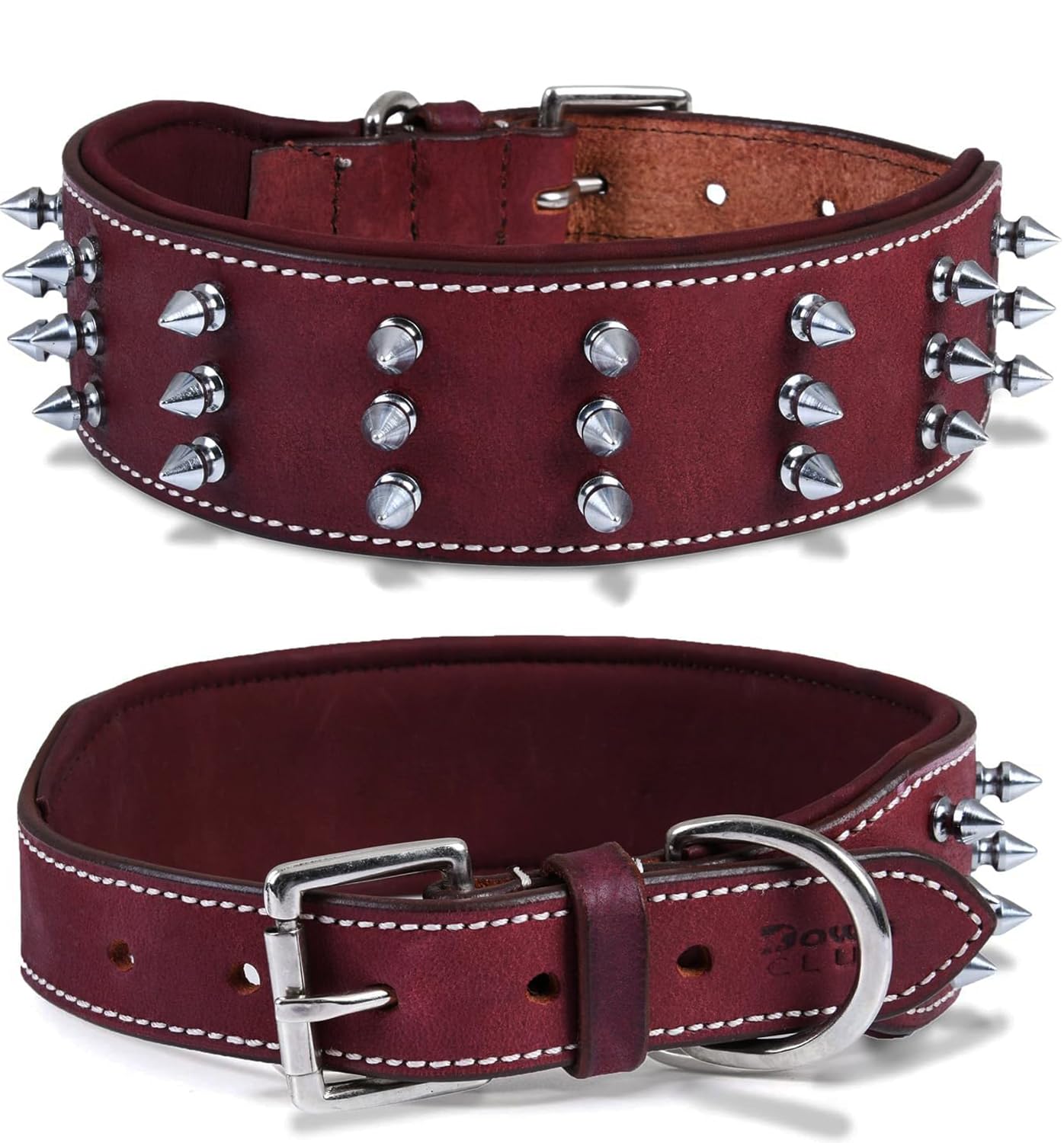 DowgClub | Genuine Leather Spike Dog Collar | Full Grain, Heavy Duty | Padded, Comfortable, Strong, Best for Large, X-Large Breeds | 2" Wide (L (Fit Neck Size 18.5"-22.5"), Cherry - Silver Spikes)