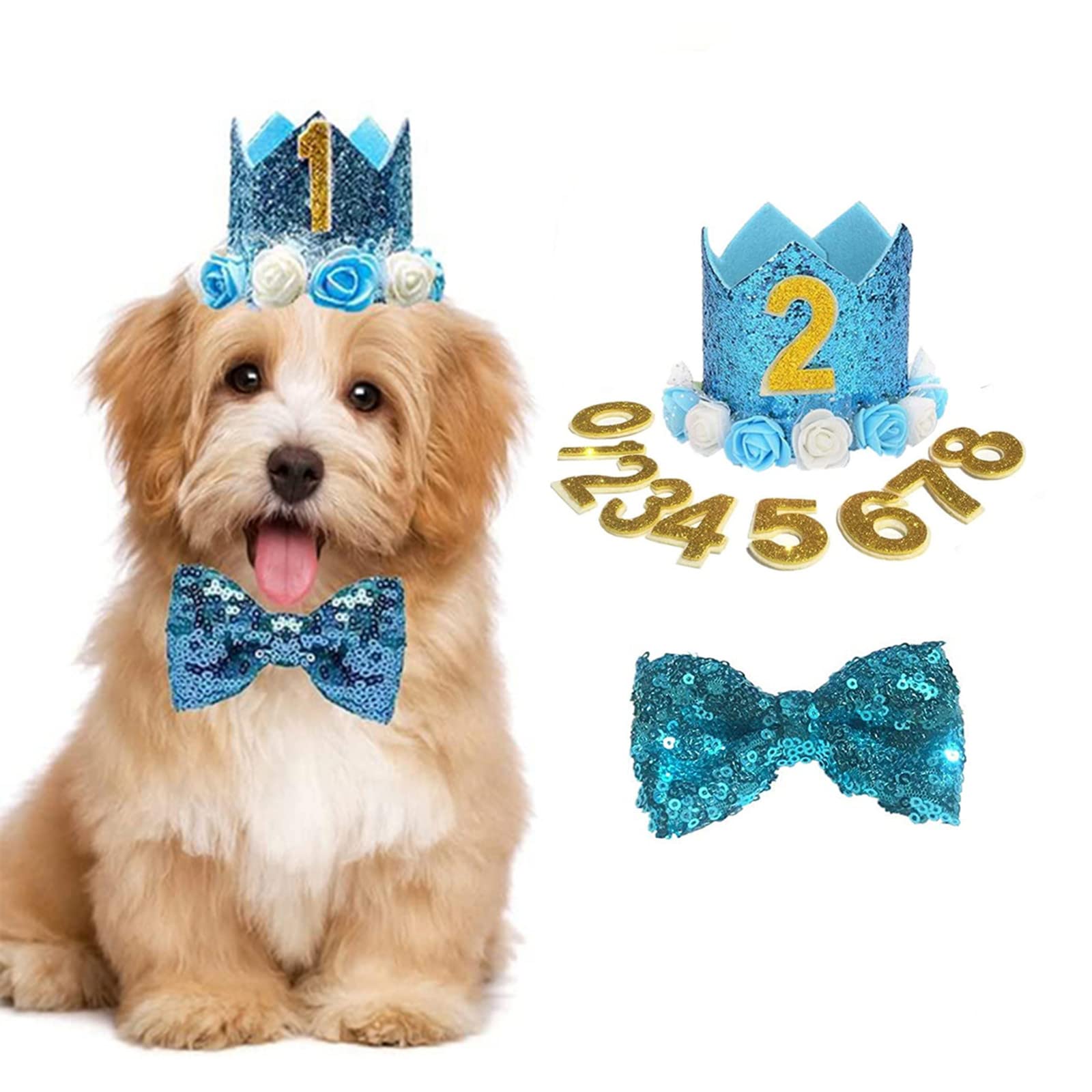 Dog Birthday Hat, Pet Cat Dog Birthday Crown Hat and Bowtie with 0-9 Figures Charms Party Accessories for Small Medium Puppy Kitten (BLUE)