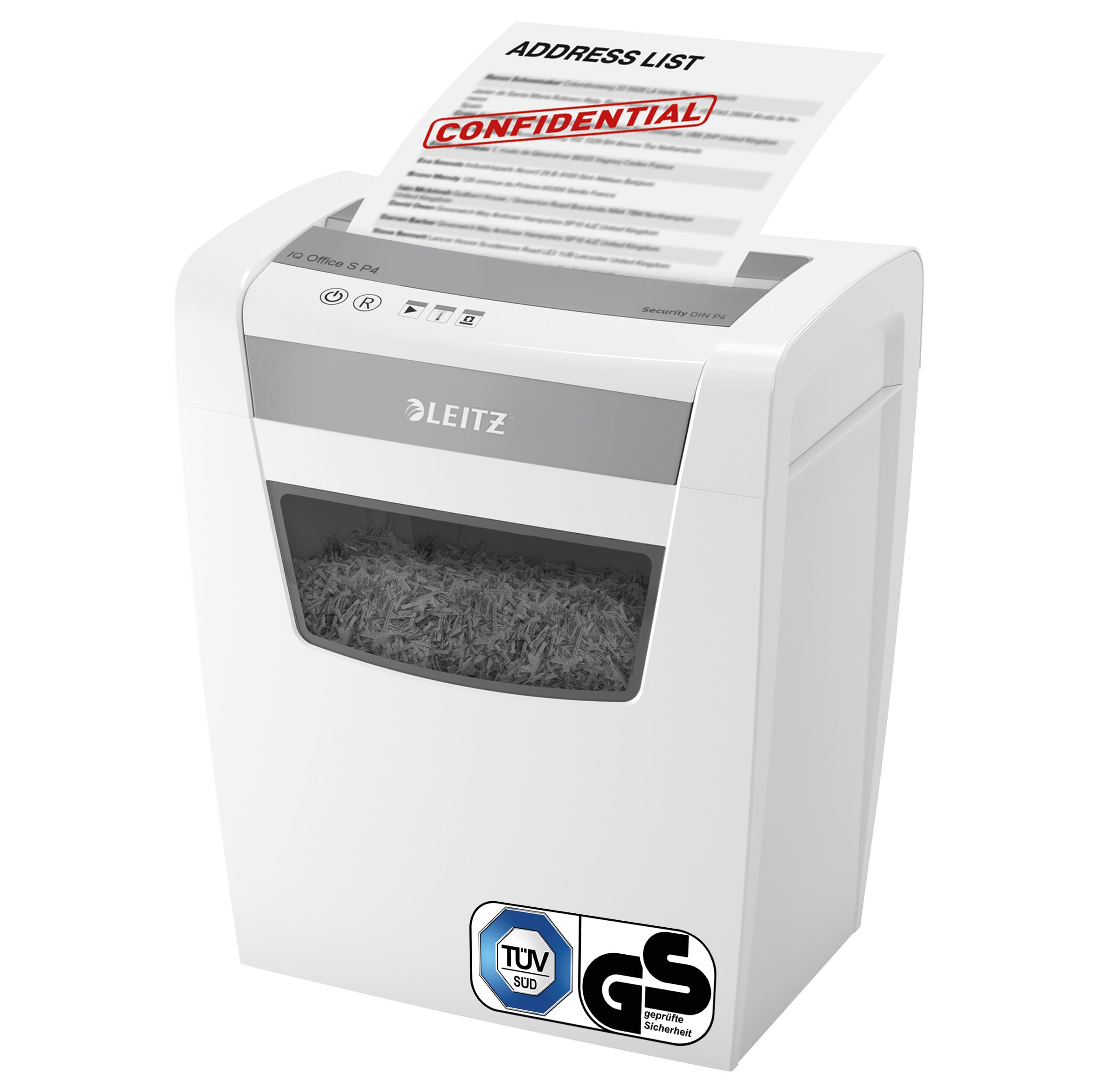 Leitz IQ Aktenvernichter Office S, 14-12 Blatt Kapazität (70-80 g/m²), TÜV+GS zertifiziert, Partikelschnitt, Sicherheitsstufe P4, Besonders leise, 23L Behälter, Schredder für Büro, Weiß, 80990000