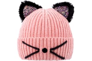 ACTLATI Kids Girls Sequin Cat Ears Hats Winter Knitted Beanie Hat for Outdoor Snow Ski Skull Cap Ages 7-12
